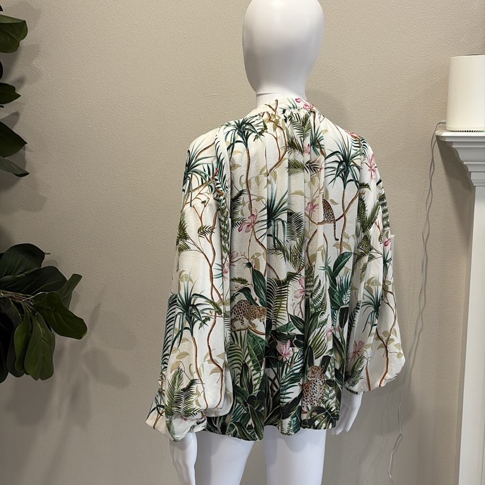 H&M Jungle Floral Print Blouse Womens Size 14 Balloon Sleeve 1/2 Placket Popover - Picture 12 of 16